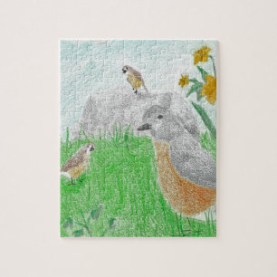 Handdragen Springtime Daffodils Robins Pussel