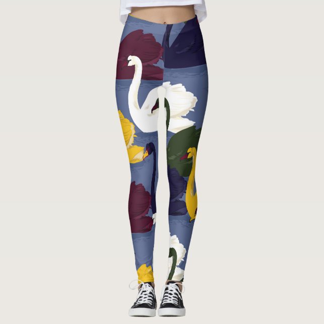 Handdragen svanar, blå sjö mönster. leggings (Framsida)