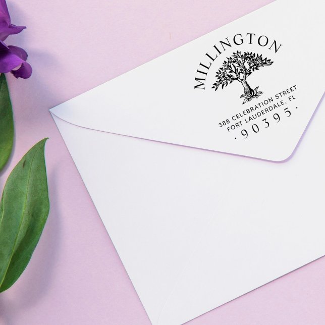 Handdragen Träd Round Family Namn-Returadress Självfärgande Stämpel (Skapare uppladdad)