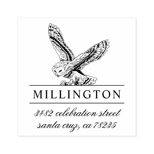 Handdragen Uggla | Familj Namn och Returadress Stämpel (Tryck)