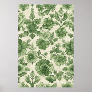 Handdragen Vintage Grönt Botaniska Mönster Poster