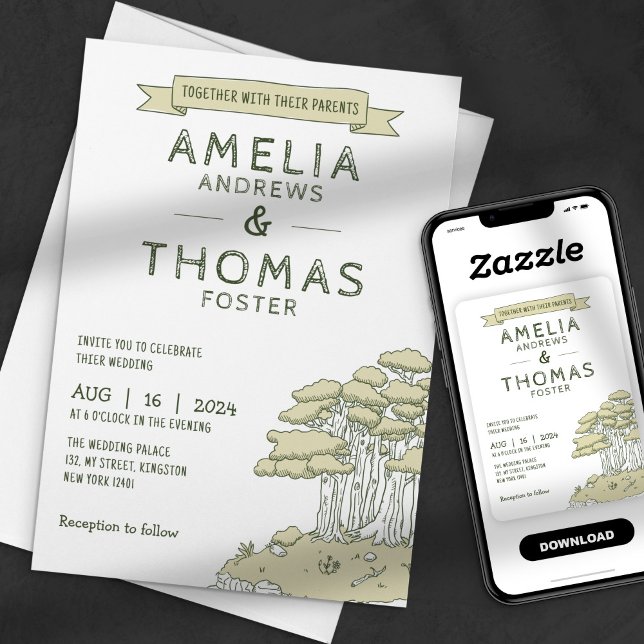 Handdragen Whimsical Woodland Forest Bröllop Inbjudningar (Skapare uppladdad)