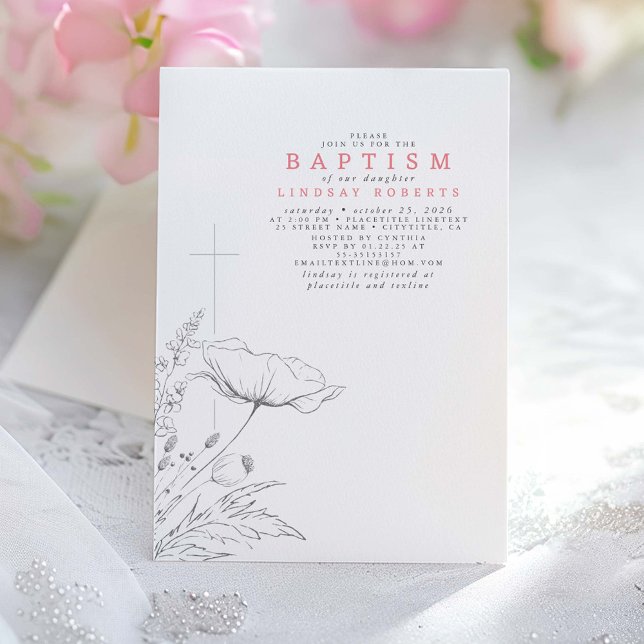 Handdragen Wildblommor Elegant Rosa Baptism Inbjudningar (Wildflowers Pink Baptism Invitation)