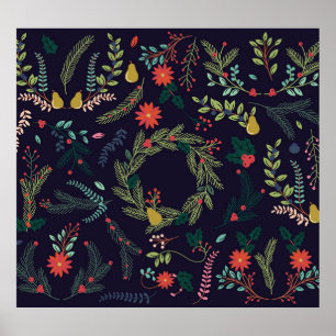 Handdragna blommigtar för julstämning: insamling a poster