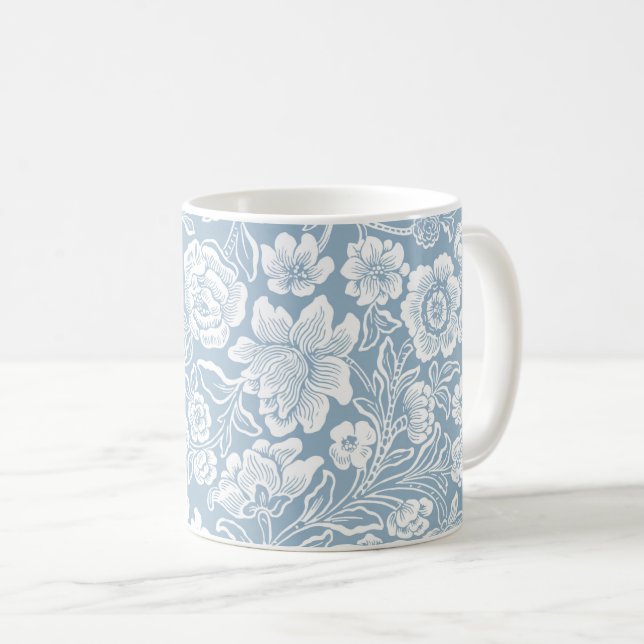 Handdragna blommor,Blå Grått White Botanical Art Kaffemugg (Framsida höger)