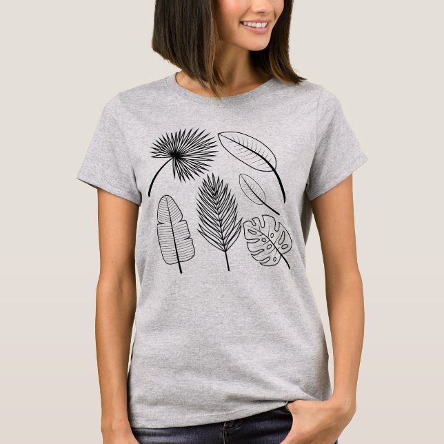 Handdragna Blommor Doodles Black and White Plants  T Shirt (Framsida)
