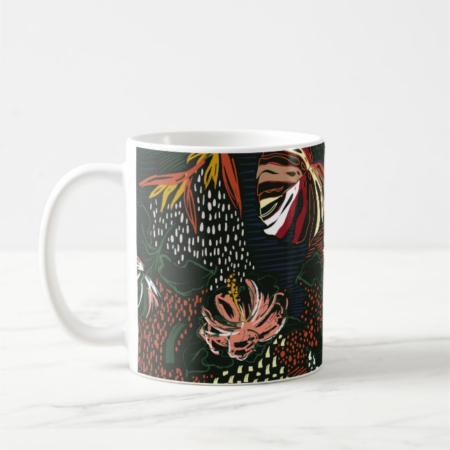 Handdragna blommor, tropiska handflatan-skogen. kaffemugg (Vänster)