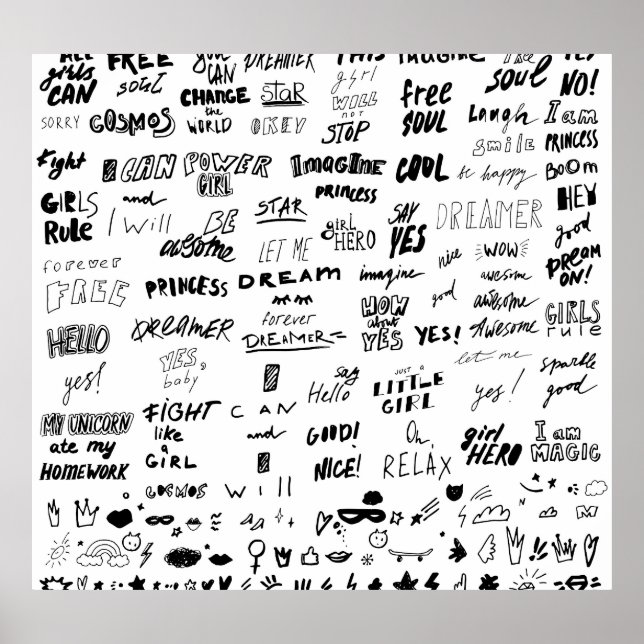 Handdragna bokstäver, typografi-doodlsamling poster (Framsidan)
