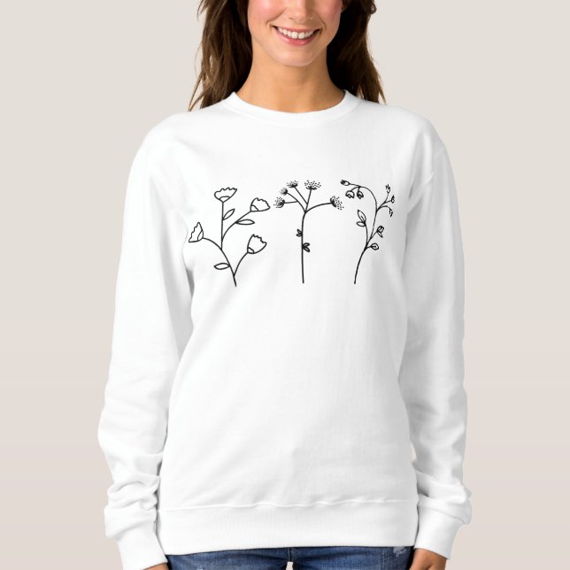 Handdragna Flowers Doodles Black and White Blommig T Shirt (Framsida)
