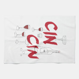 Handdragna glasögon och flaska cin-text kökshandduk