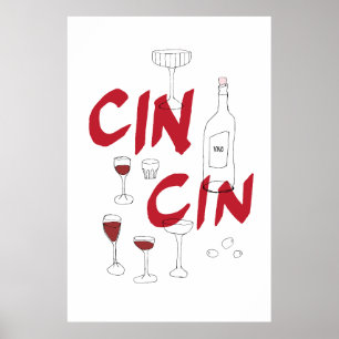 Handdragna glasögon och flaska cin-text poster