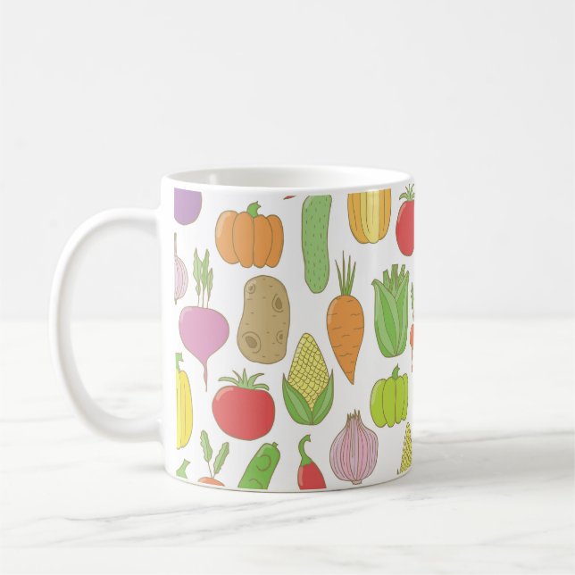 Handdragna grönsaker, vintagens doodlbakgrund. kaffemugg (Vänster)