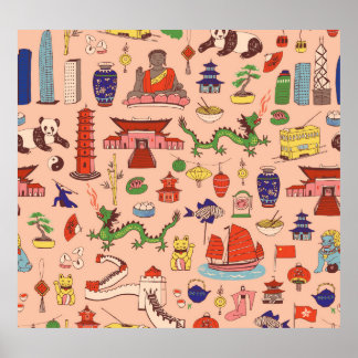 Handdragna Hongkongmotiv: sömlösa mönster Poster