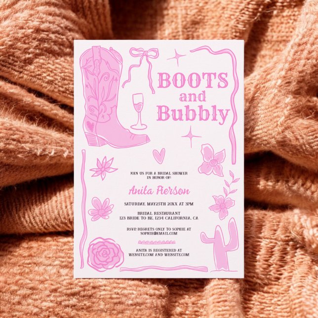 Handdragna klottrar stövlar möhippa med bubblor inbjudningar (Handdrawn scribbles boots bubbly bridal shower invitation)