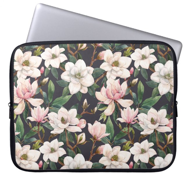 Handdragna magnolier: vattenfärgssömlösa. laptop fodral (Framsidan)