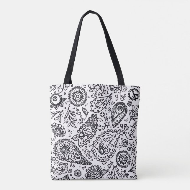 Handdragna motiv för boho-blommigt med paisley tygkasse (Baksida)