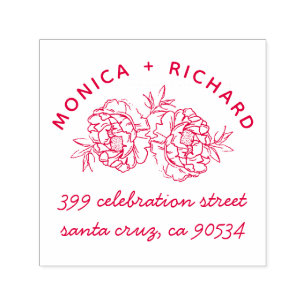 Handdragna Peonies   Namn & Handskriven Adress Självfärgande Stämpel