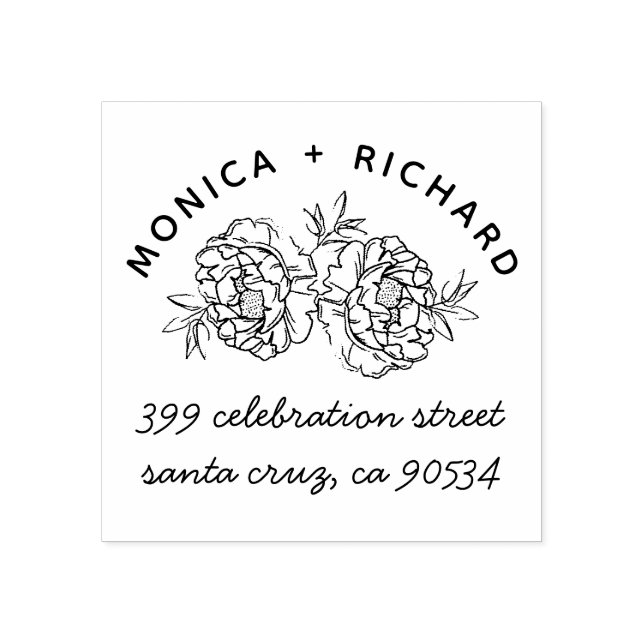 Handdragna Peonies | Namn & Handskriven Adress Stämpel (Tryck)