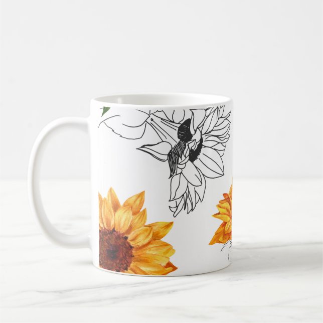 Handdragna solblommor: vibrerande gult mönster. kaffemugg (Vänster)