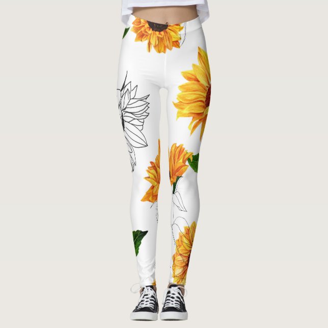 Handdragna solblommor: vibrerande gult mönster. leggings (Framsida)