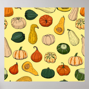 Handdragna squash, sömlösa vegetabiliska mönster. poster
