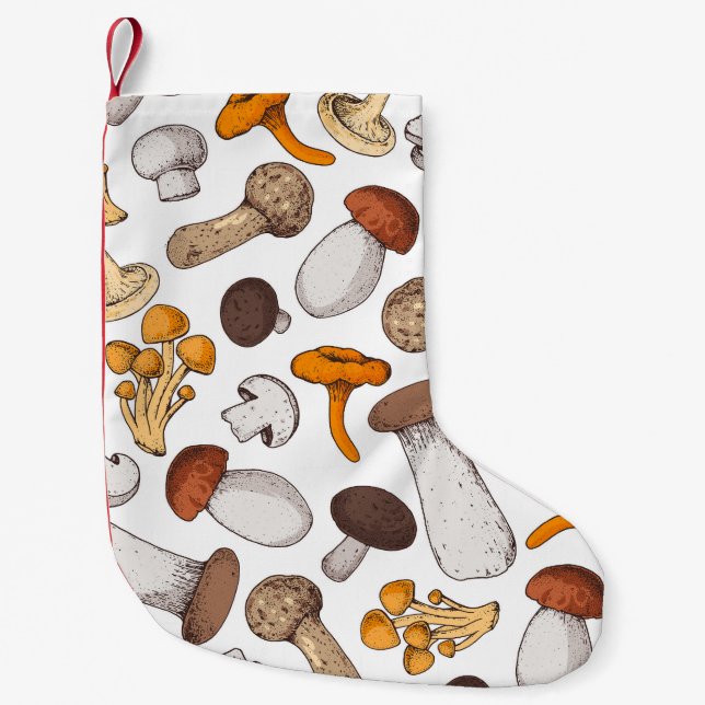 Handdragna svampar: livsmedelsbakgrund. liten julstrumpa (Framsidan)