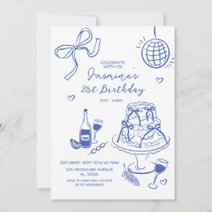 Handdränkt blått Disco Boll & Cake-Trendig födelse Inbjudningar