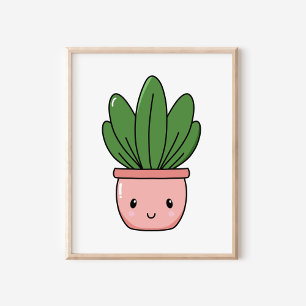 Handdränkt Cute Kawaii Poted Plant Art. Poster