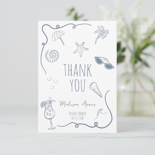 HandDrawn Beach Doodle Thank You Bridal Shower Tack Kort (Stående Fram)