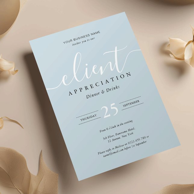 Händelse för kundbedömning för Dusty Blue Chic-per Inbjudningar (Business appreciation event invitations in dusty blue and white with fully editable text and colors)