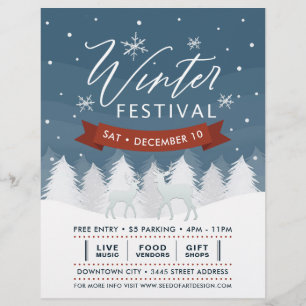 Händelse Träd & Hjort vid Snowy Blue Winter festiv Reklamblad