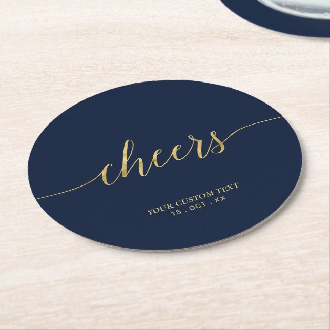 Händelsen guld & Navy Modern Lettering Cheers Part Underlägg Papper Rund (Vinklad)