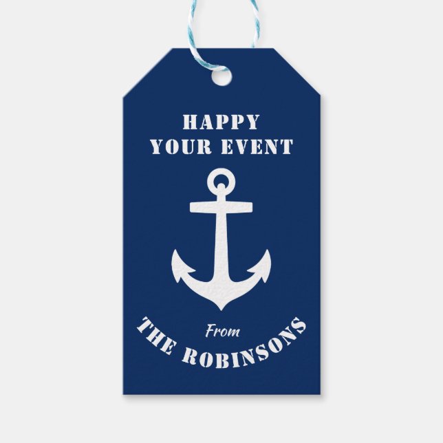 Händelsen lycklig - ditt namn Nautical Anchor Navy Presentetikett (Framsidan)