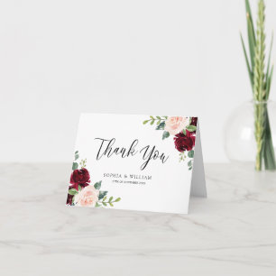 Händelsen och Burgundy Blommigt Watercolor Bröllo Tack Kort