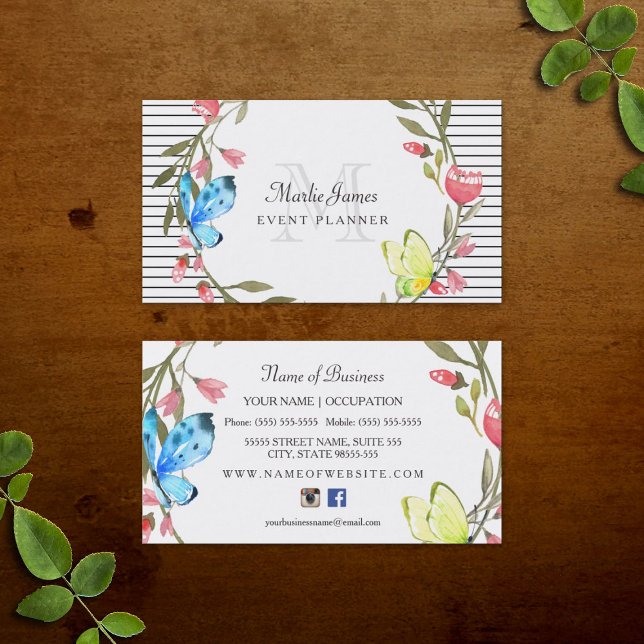 Händelseplanering för Girly Butterfly Blommigt och Visitkort (Girly Butterfly Floral and Stripes Event Planner Business Cards)