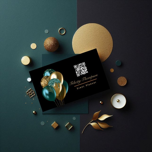 Händelsetabell QR-kod för Bubblor och Guld Visitkort (Teal and Gold Balloons Event Planner QR Code Business Card)