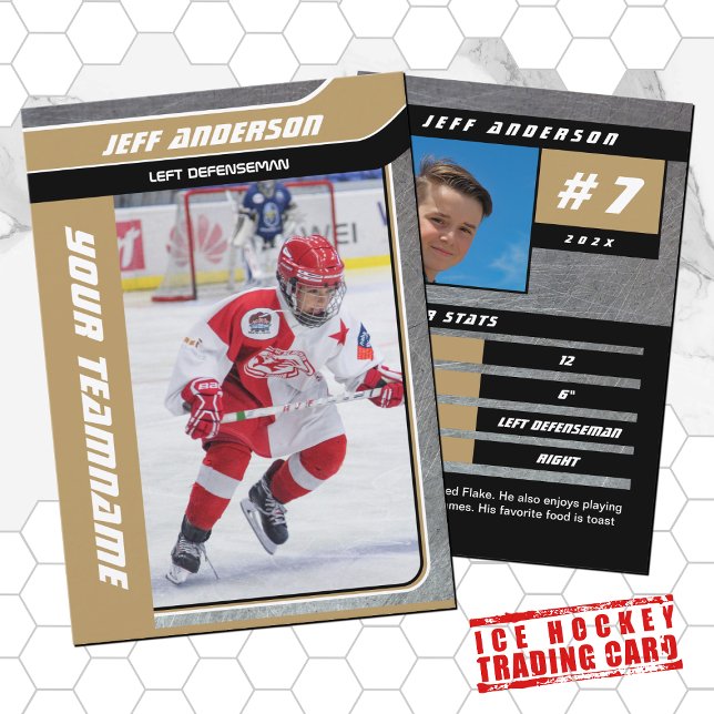 Handelskort guld Metall Ice Hockey (Hockey Trading Card with custom team name and hockey player name in Gold and Black )