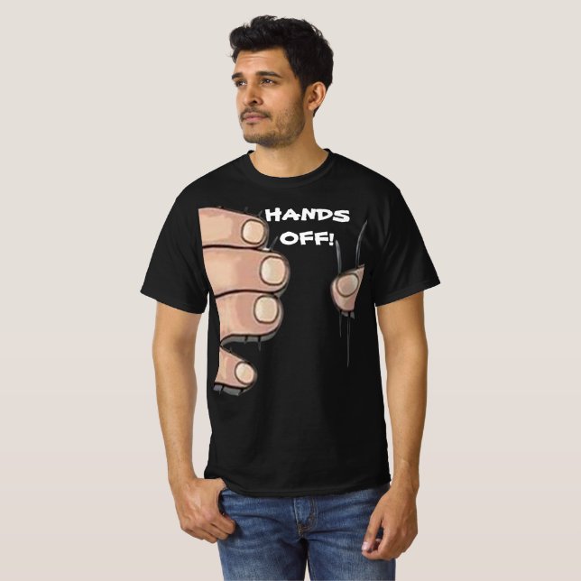 "Händer av!" Funny Humor T-Shirt (Hel framsida)