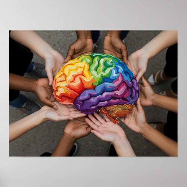 Händer Holding Rainbow Brain Autism Neurodiversity Poster (Framsidan)
