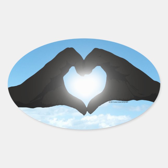 Händer i Heart Shape Silhouette på Blå himmel Ovalt Klistermärke (Framsida)
