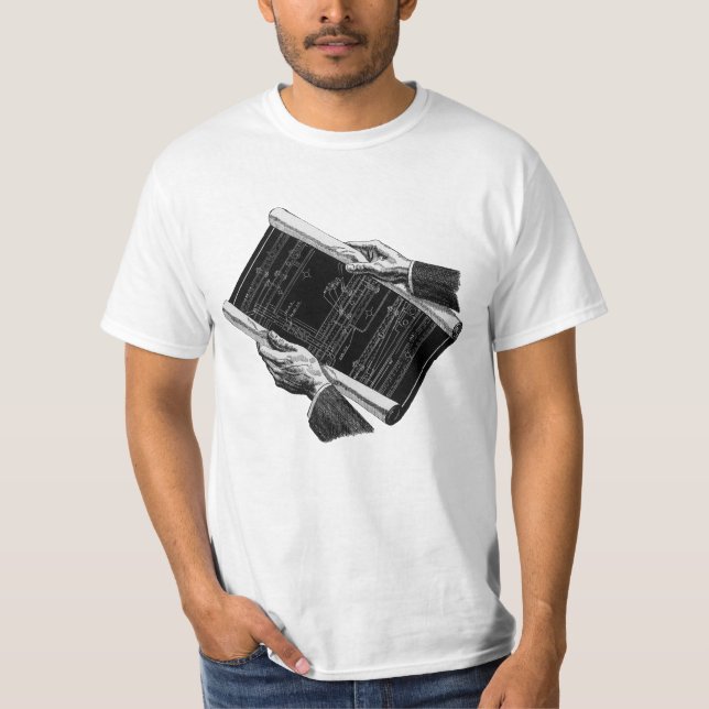 Händer med arkitektoniska ritningar, Vintage Busin Tee Shirt (Framsida)