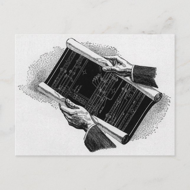 Händer med arkitektoniska ritningar, Vintage Busin Vykort (Framsida)