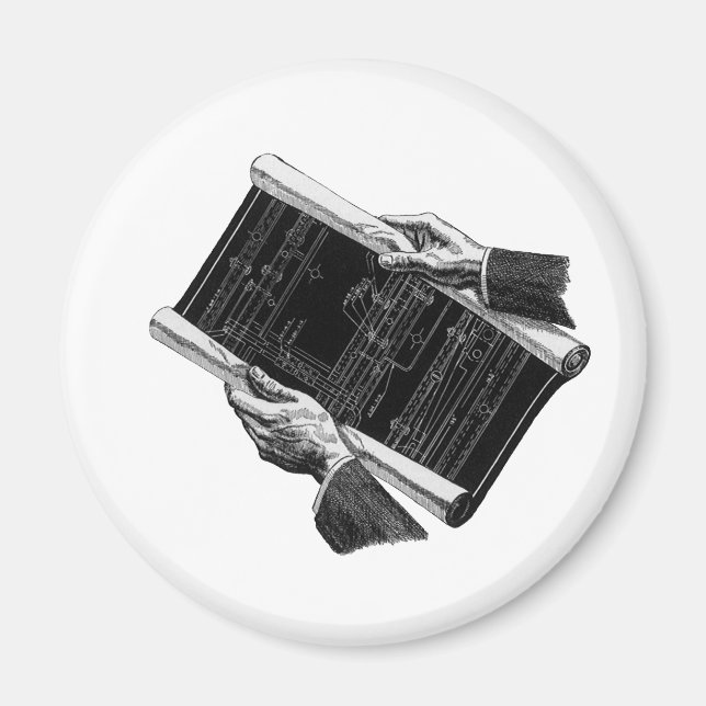 Händer med arkitektoniska ritningar, Vintage-föret Magnet (Framsidan)