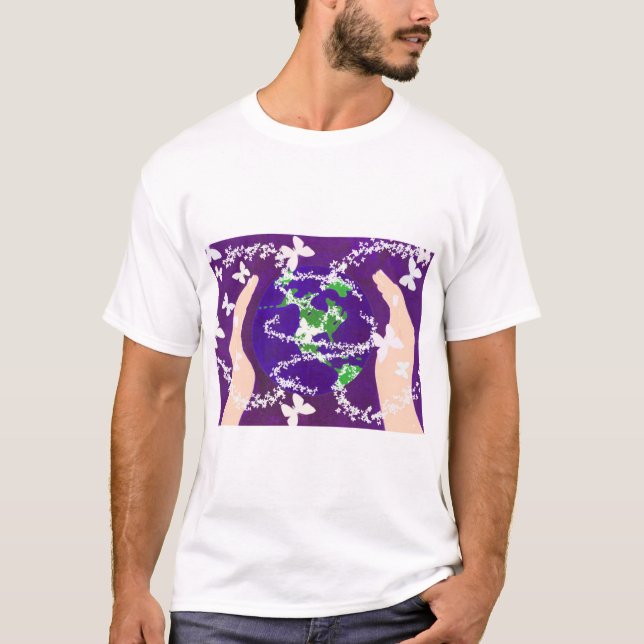 Händer och Butterflies Värld runt på Lila T Shirt (Framsida)