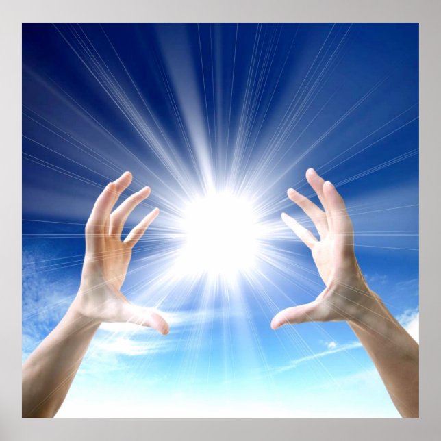 Händer på blå bakgrund, reiki, chakra poster (Framsidan)