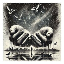 Händer släpper ut fåglar i Himmel, Svartvit Fototryck