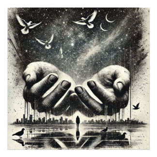 Händer släpper ut fåglar i Himmel, Svartvit Fototryck