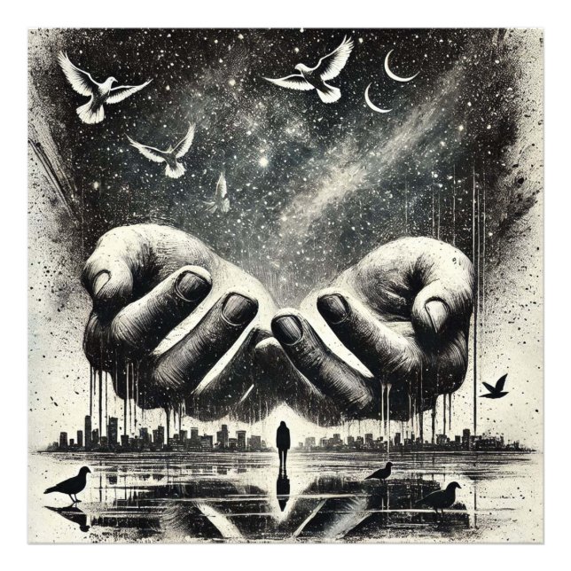 Händer släpper ut fåglar i Himmel, Svartvit Fototryck (Framsidan)