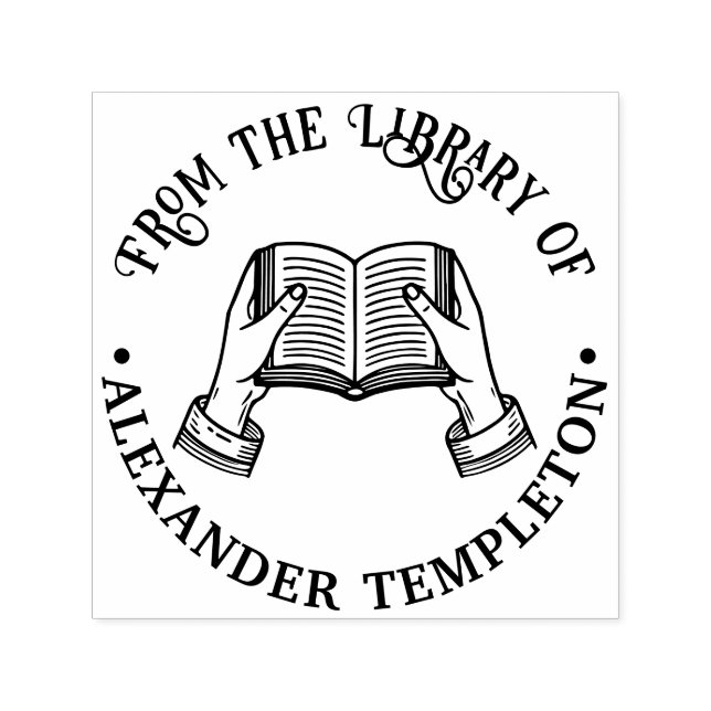 Händer som håller en öppen bok #1P Biblioteksbokna Självfärgande Stämpel (Design)