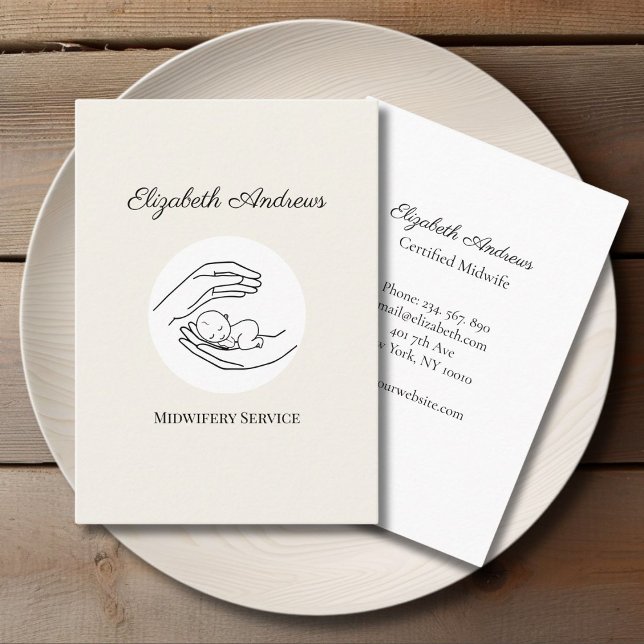 Händer som innehar A Baby - Linjekonturillustratio Visitkort (Hands holding A Baby - Line Art Illustration Beige White Business Card)